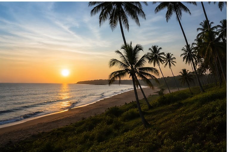 Sunset over the ocean seen through coconut palms on the Sri Lankan coast
