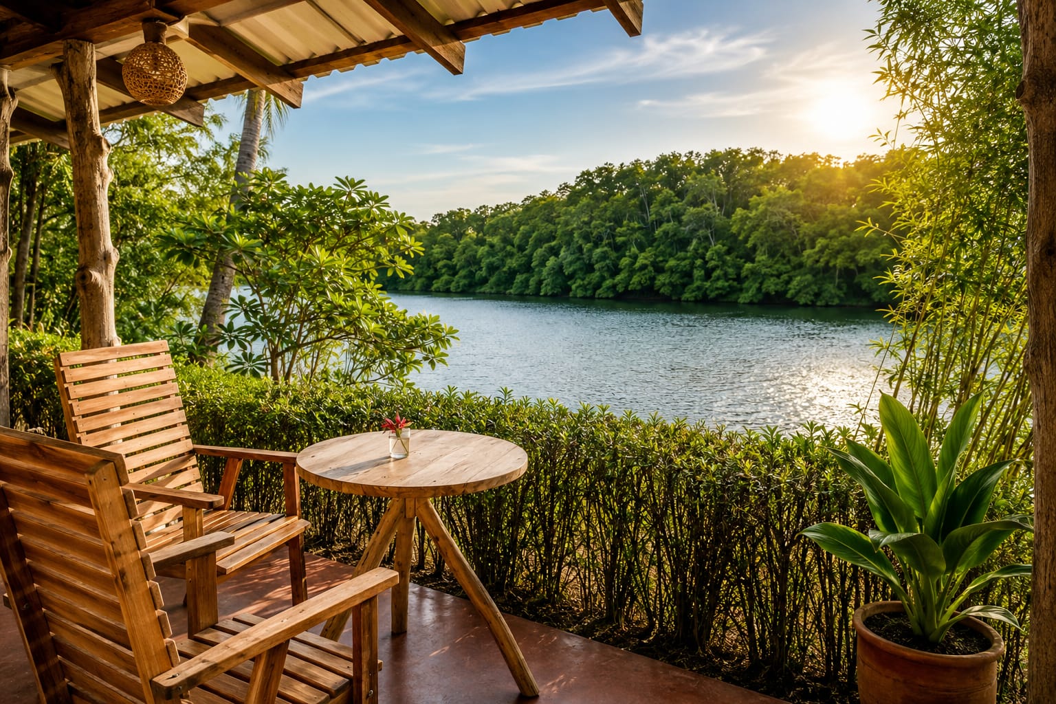 Private terrace with wooden chairs and table overlooking the lagoon at sunset